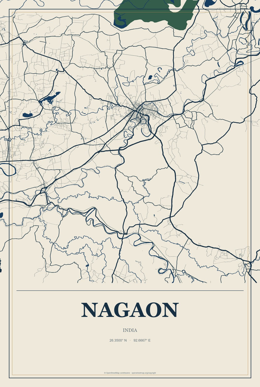 Nagaon, India City Map Aluminum Sign in Coastal Cutout style