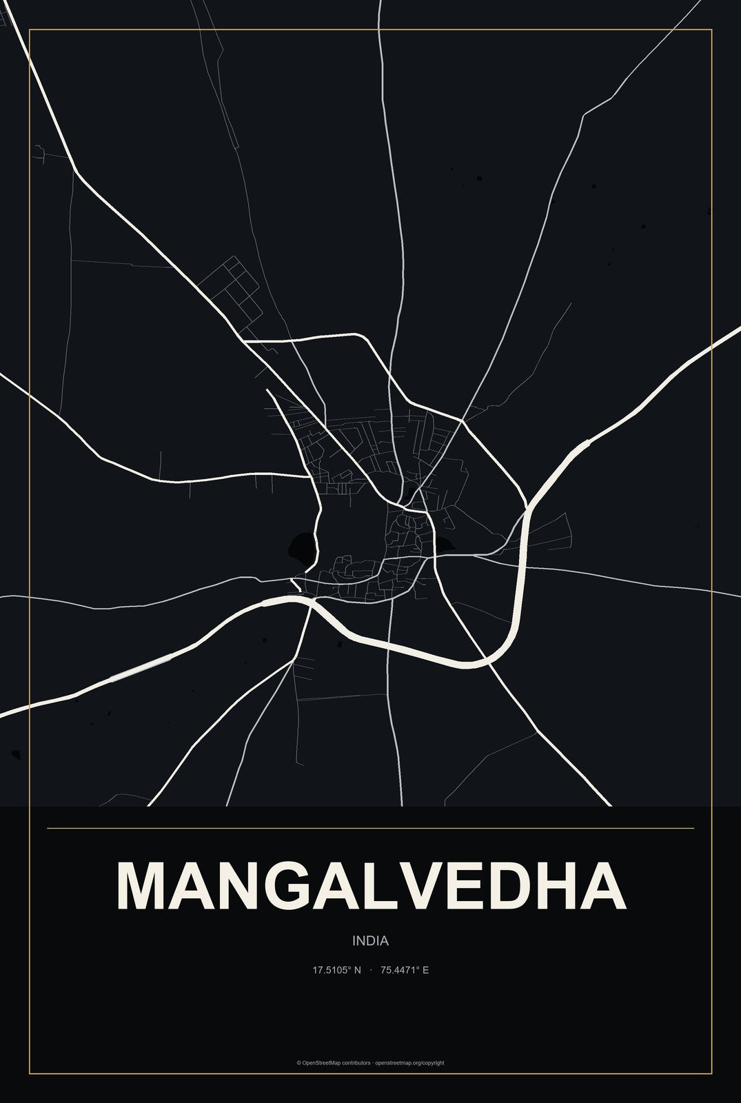 Mangalvedha, India City Map Aluminum Sign in Metropolitan Noir style
