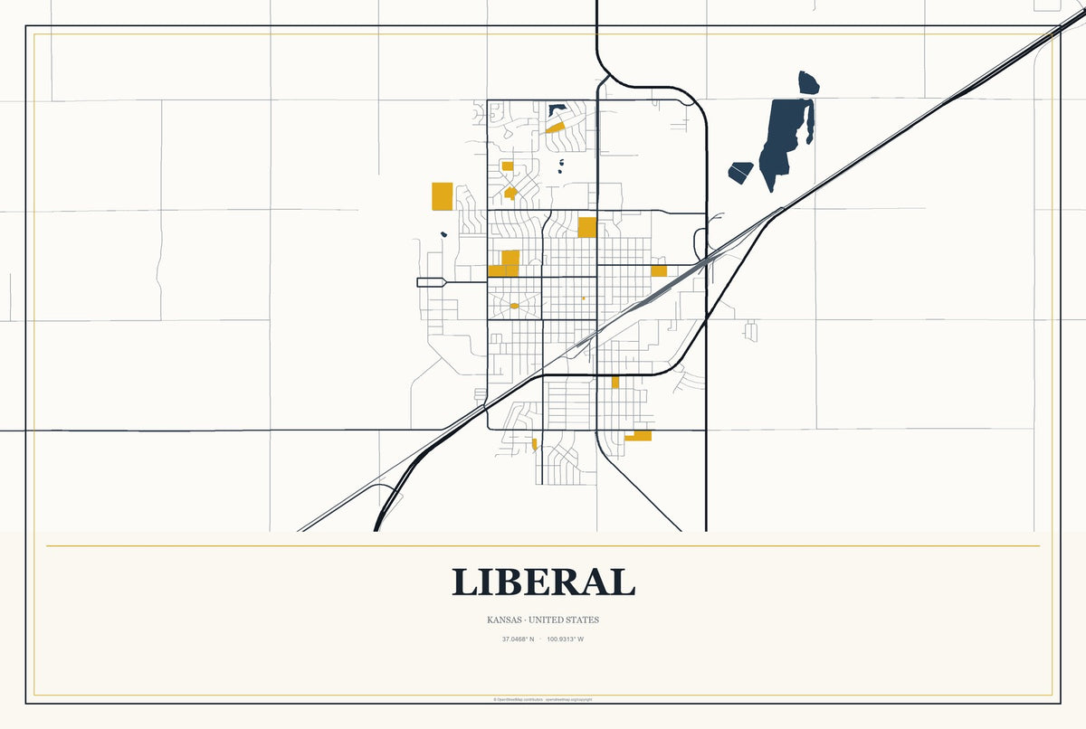 Liberal, Kansas City Map Aluminum Sign in Citrine Modern style