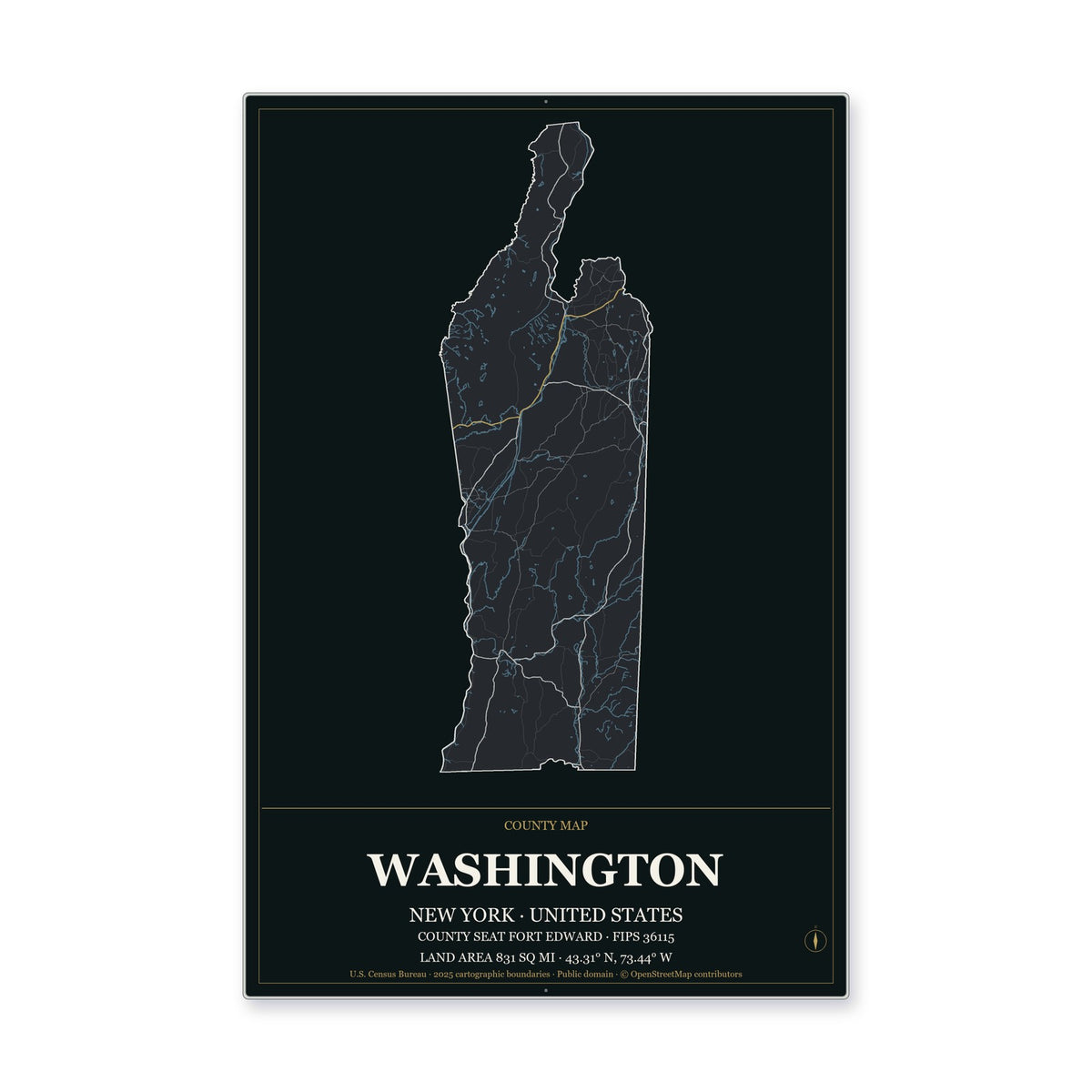 Washington County, New York Map Aluminum Sign in Metropolitan Noir style