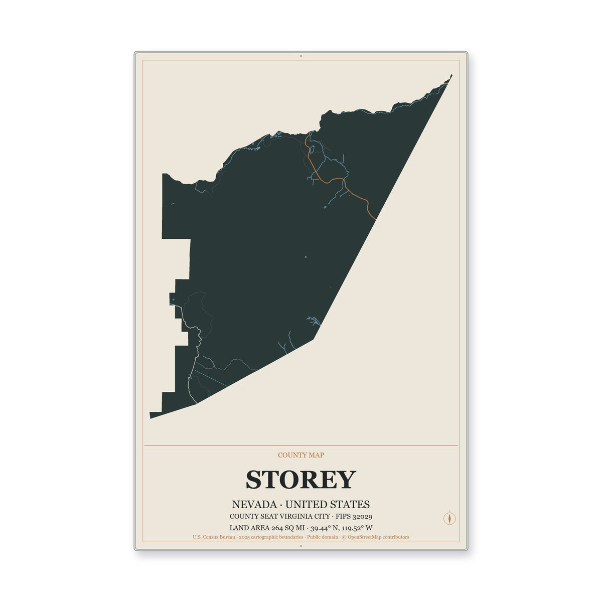 Storey County, Nevada Map Aluminum Sign in Headline Atlas style