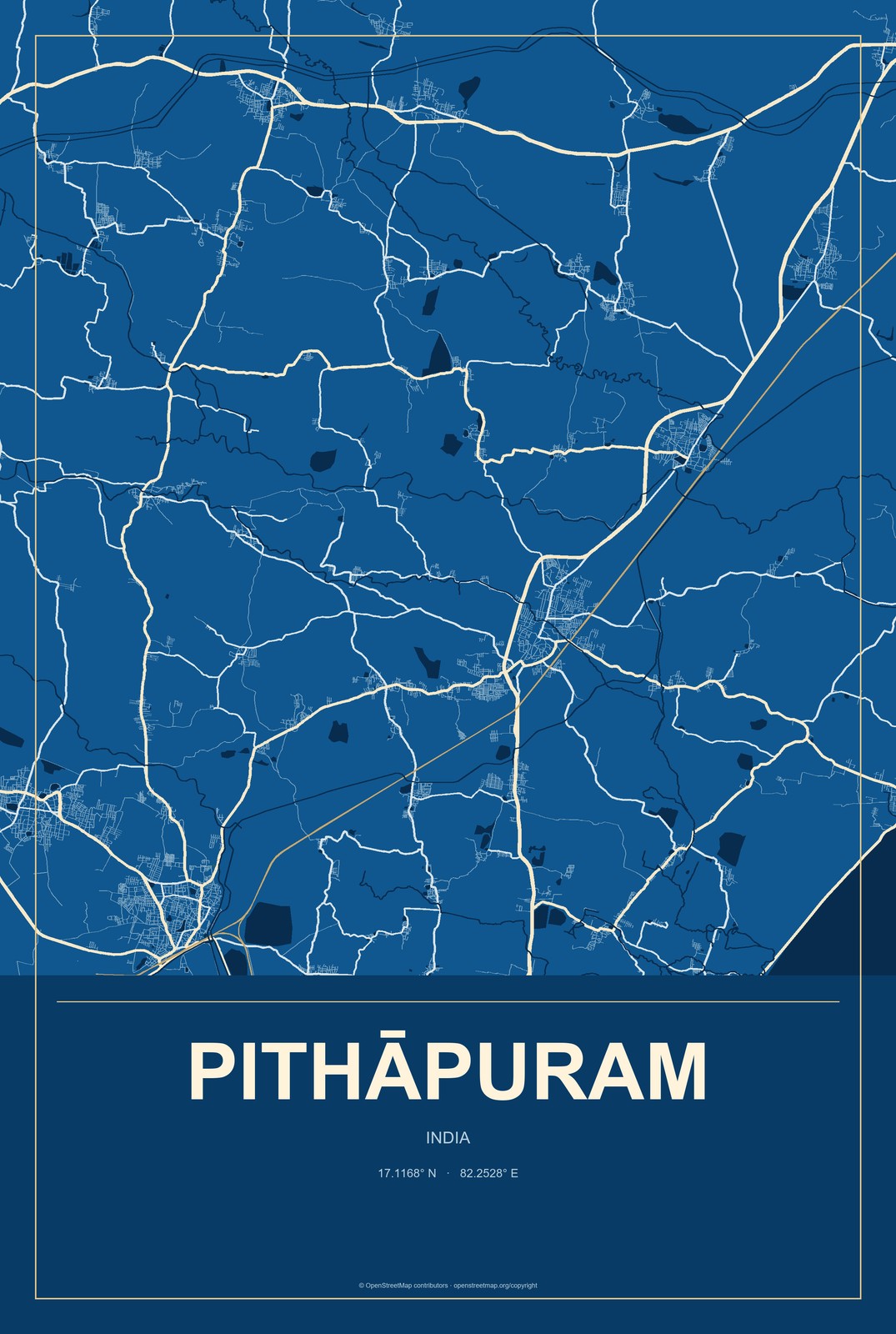 Pithāpuram, India City Map Aluminum Sign in Harbor Cobalt style