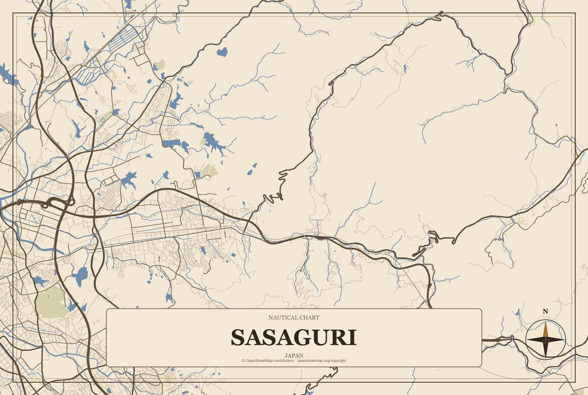 Sasaguri, Japan City Map Aluminum Sign in Heritage Nautical style