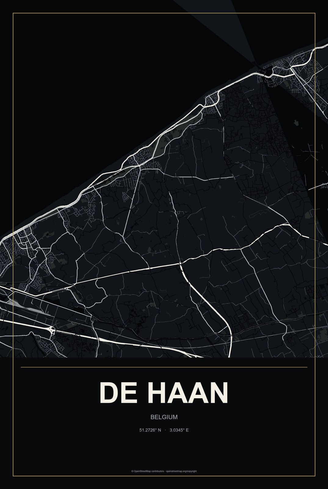 De Haan, Belgium City Map Aluminum Sign in Metropolitan Noir style