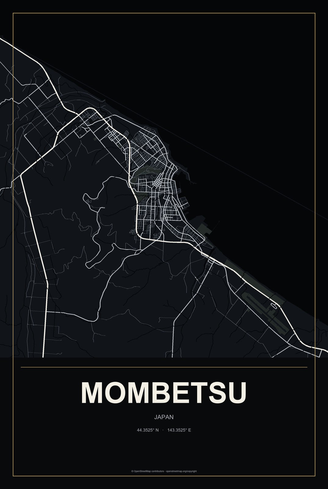 Mombetsu, Japan City Map Aluminum Sign in Metropolitan Noir style