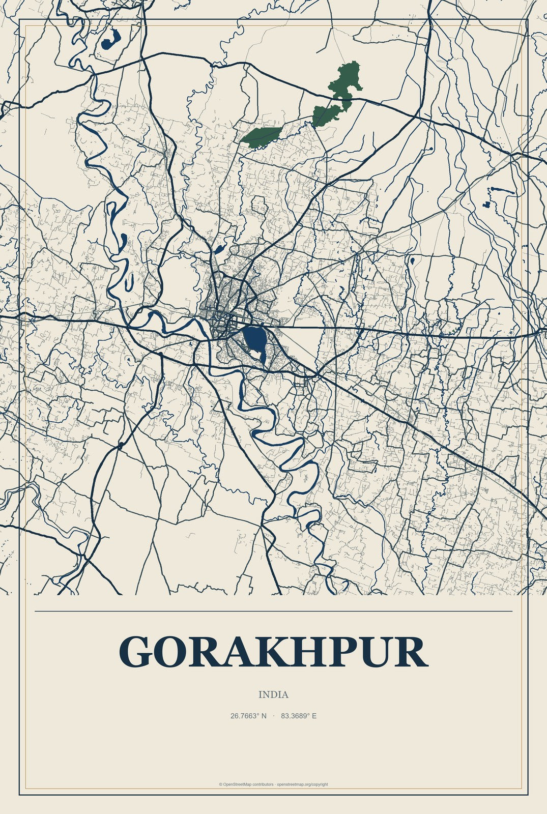 Gorakhpur, Uttar Pradesh, India City Map Aluminum Sign in Coastal Cutout style