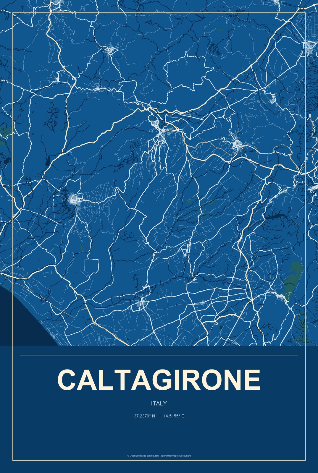 Caltagirone, Italy City Map Aluminum Sign in Harbor Cobalt style