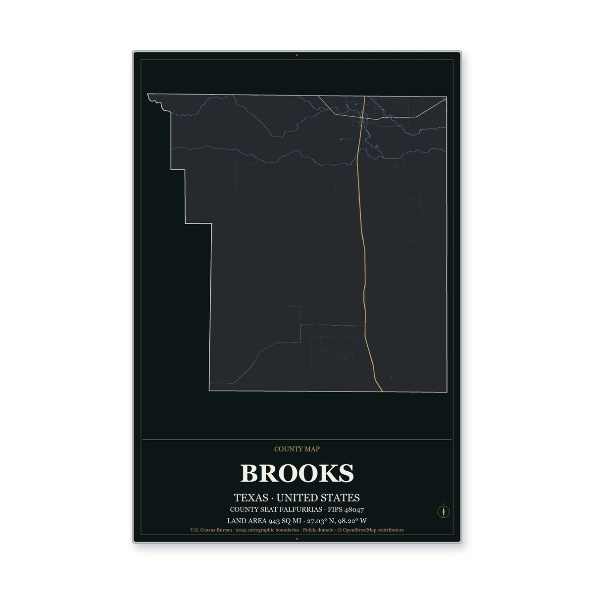 Brooks County, Texas Map Aluminum Sign in Metropolitan Noir style