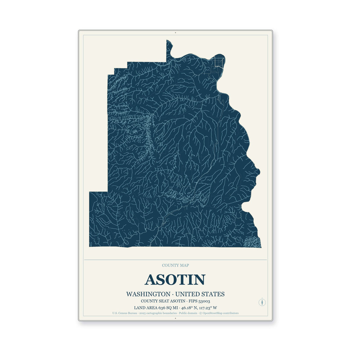 Asotin County, Washington Map Aluminum Sign in Coastal Cutout style