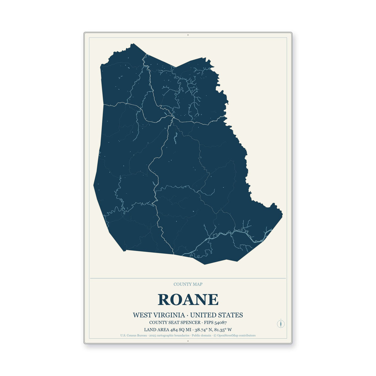Roane County, West Virginia Map Aluminum Sign in Coastal Cutout style