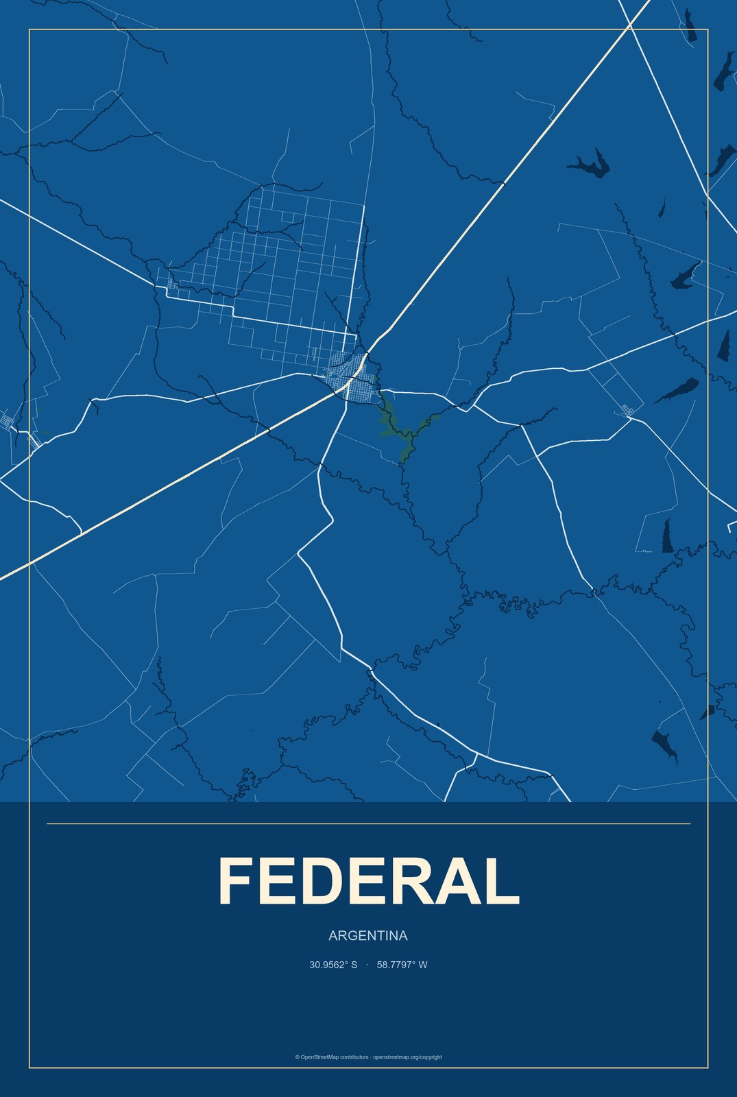 Federal, Argentina City Map Aluminum Sign in Harbor Cobalt style
