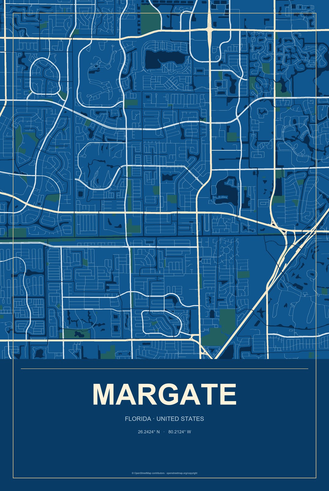 Margate, Florida City Map Aluminum Sign in Harbor Cobalt style