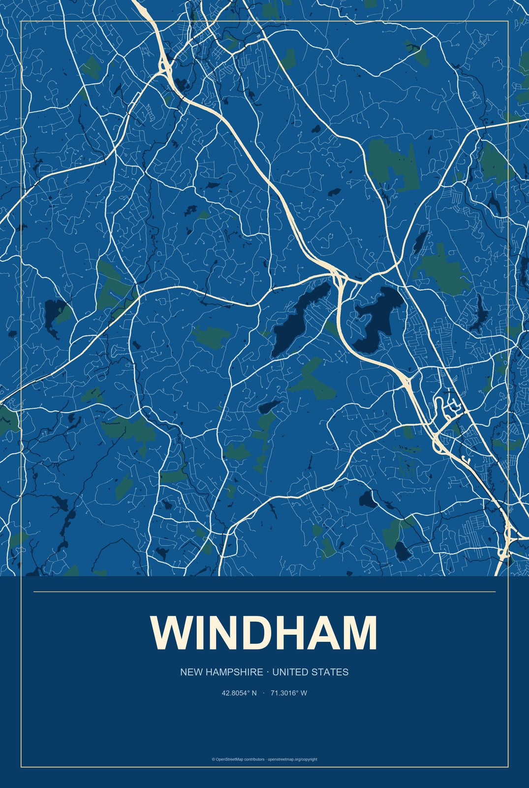 Windham, New Hampshire City Map Aluminum Sign in Harbor Cobalt style