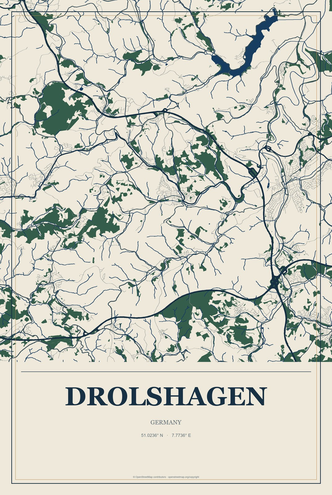 Drolshagen, Germany City Map Aluminum Sign in Coastal Cutout style