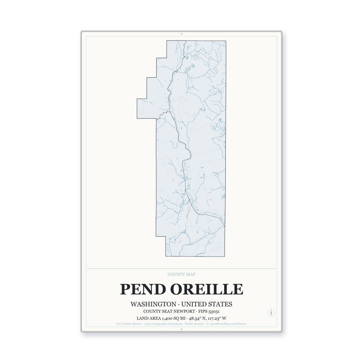 Pend Oreille County, Washington Map Aluminum Sign in Gallery Air style