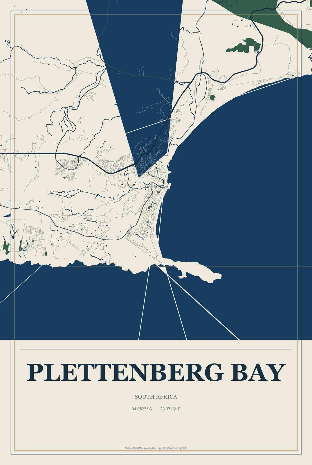 Plettenberg Bay, South Africa City Map Aluminum Sign in Coastal Cutout style