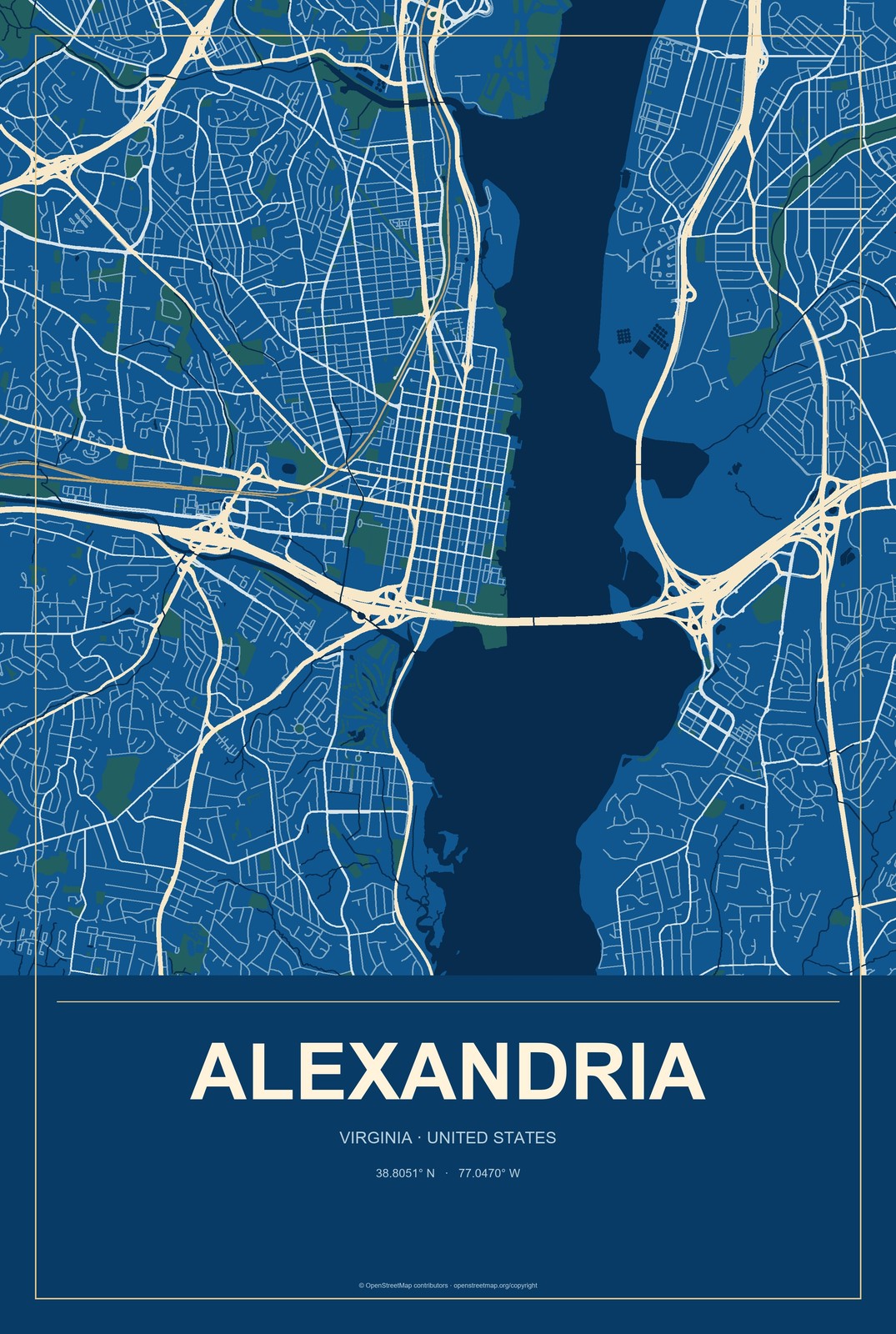 Alexandria, Virginia City Map Aluminum Sign in Harbor Cobalt style