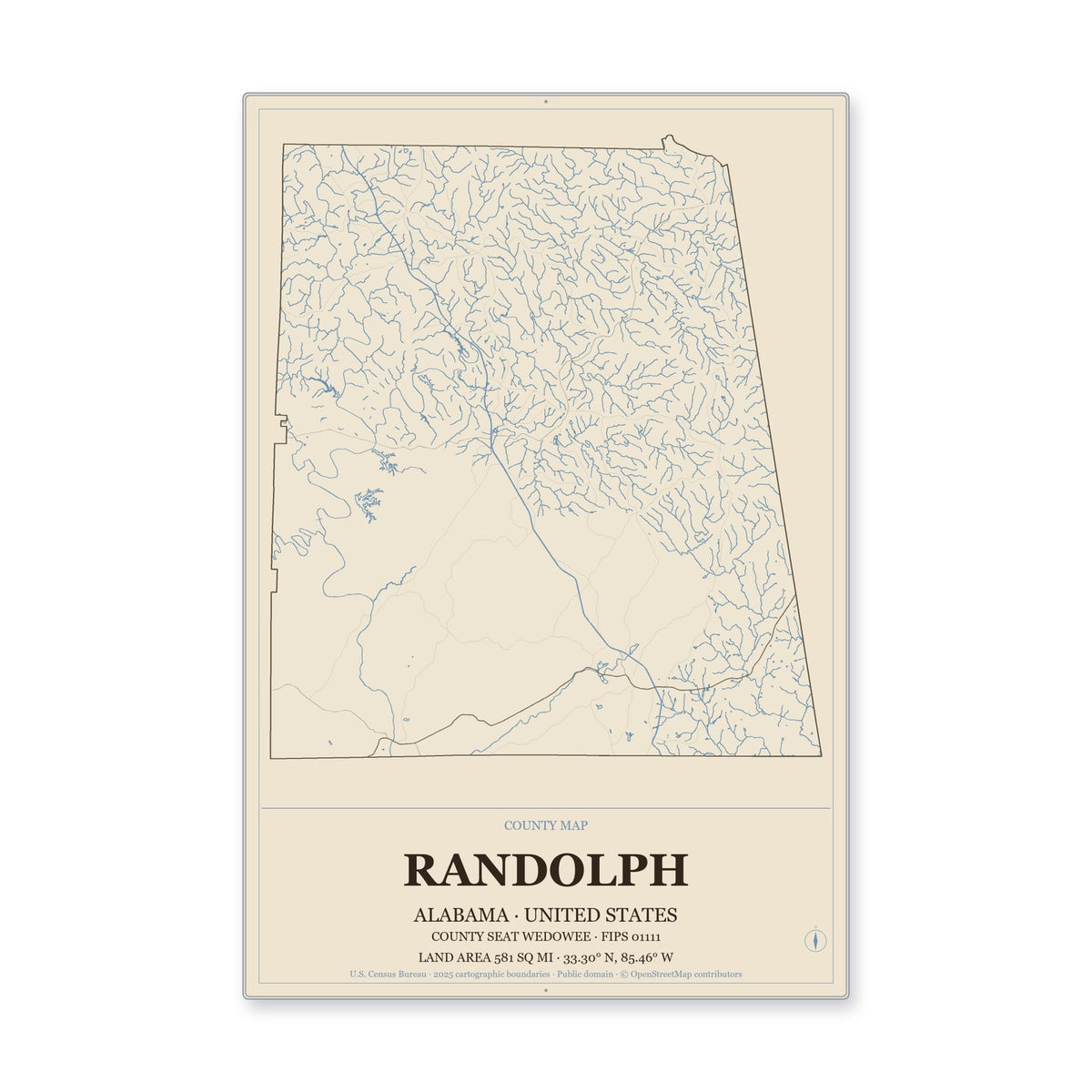 Randolph County, Alabama Map Aluminum Sign in Heritage Nautical style