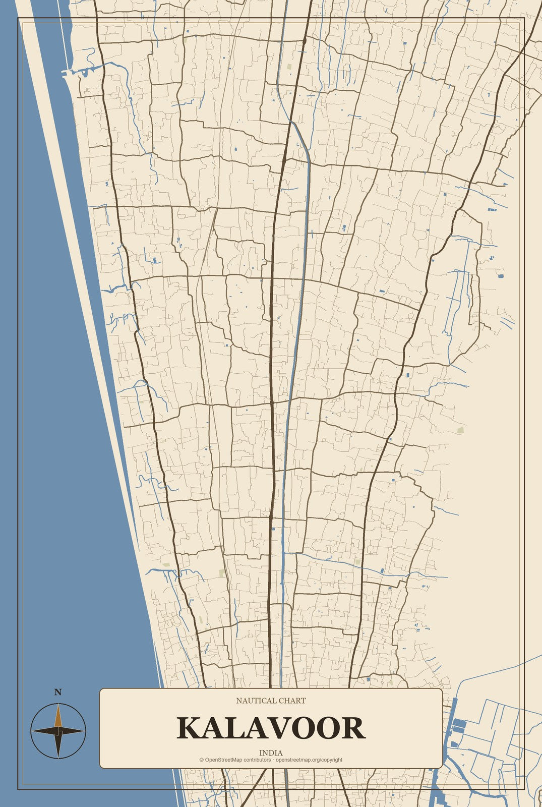Kalavoor, India City Map Aluminum Sign in Heritage Nautical style