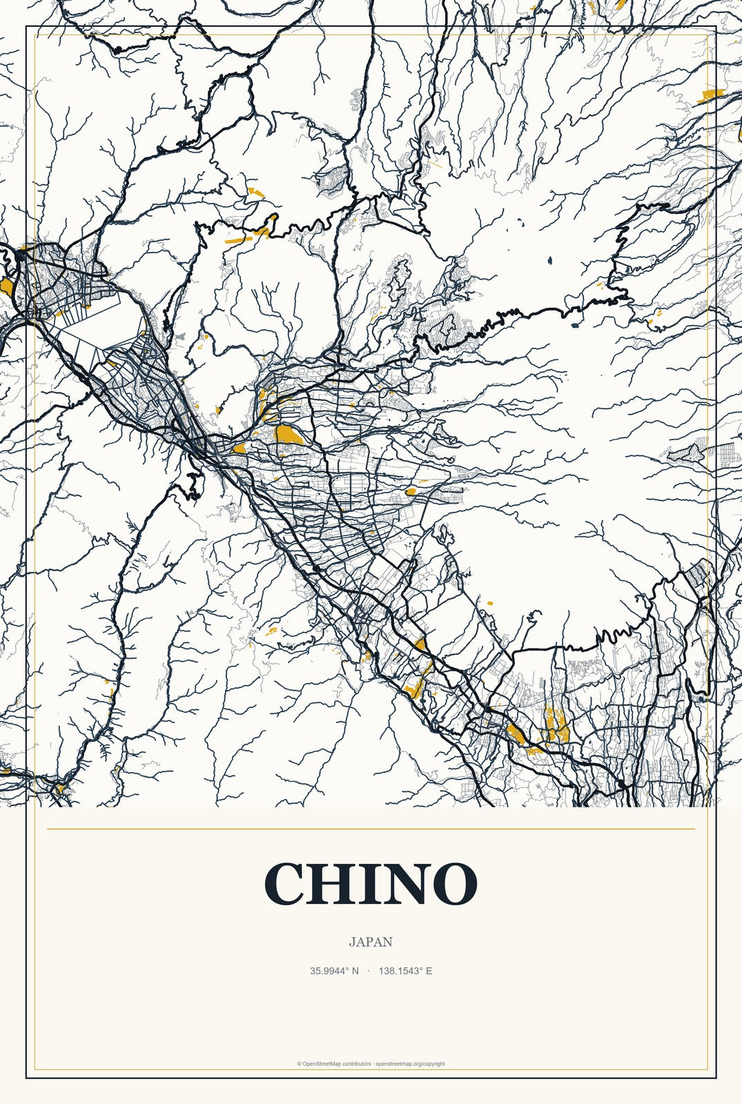 Chino, Japan City Map Aluminum Sign in Citrine Modern style