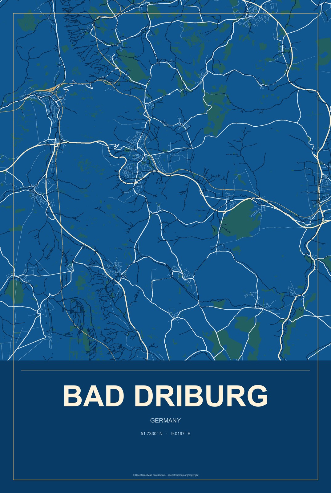 Bad Driburg, Germany City Map Aluminum Sign in Harbor Cobalt style
