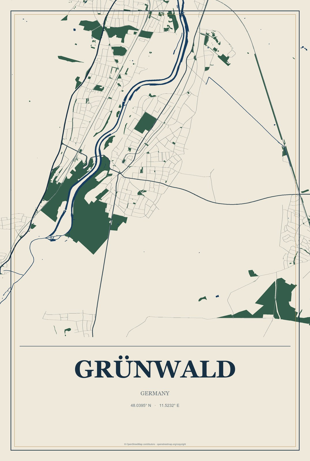 Grünwald, Germany City Map Aluminum Sign in Coastal Cutout style