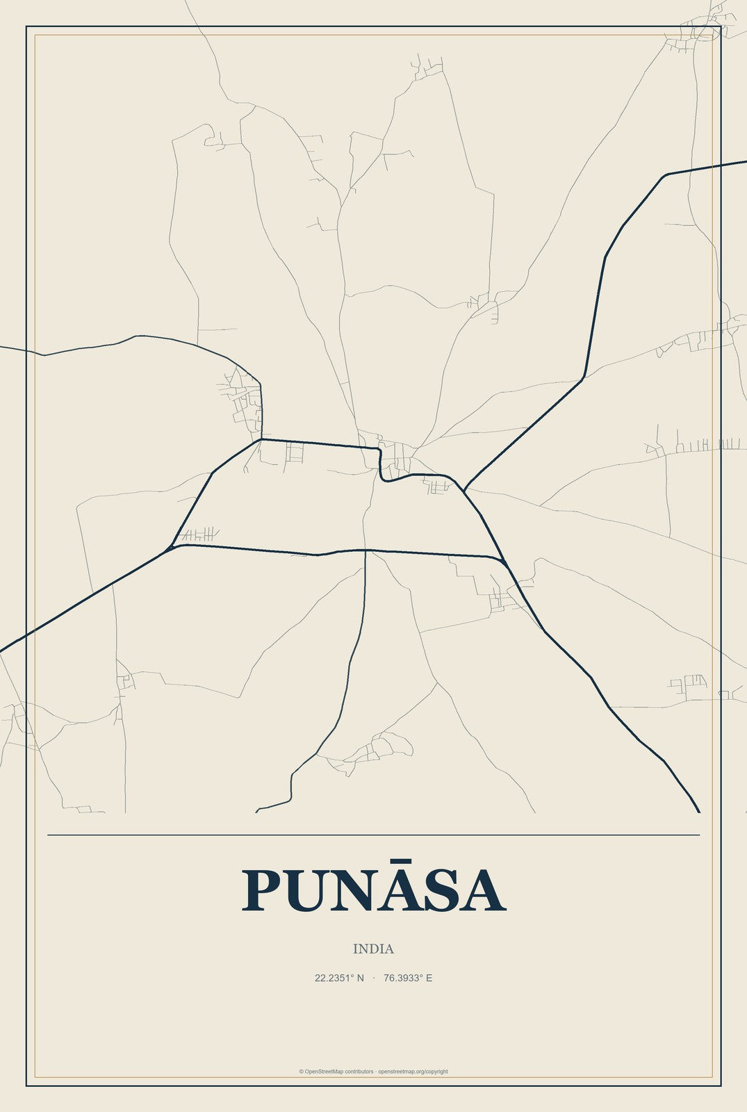 Punāsa, India City Map Aluminum Sign in Coastal Cutout style