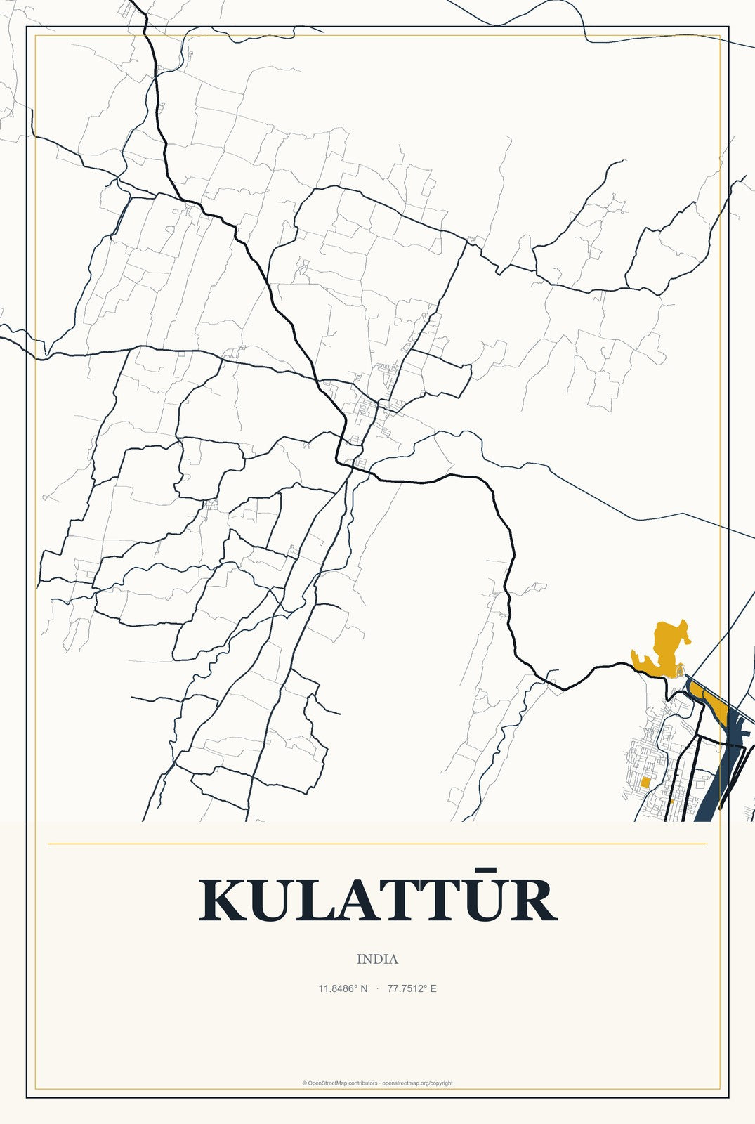 Kulattūr, India City Map Aluminum Sign in Citrine Modern style