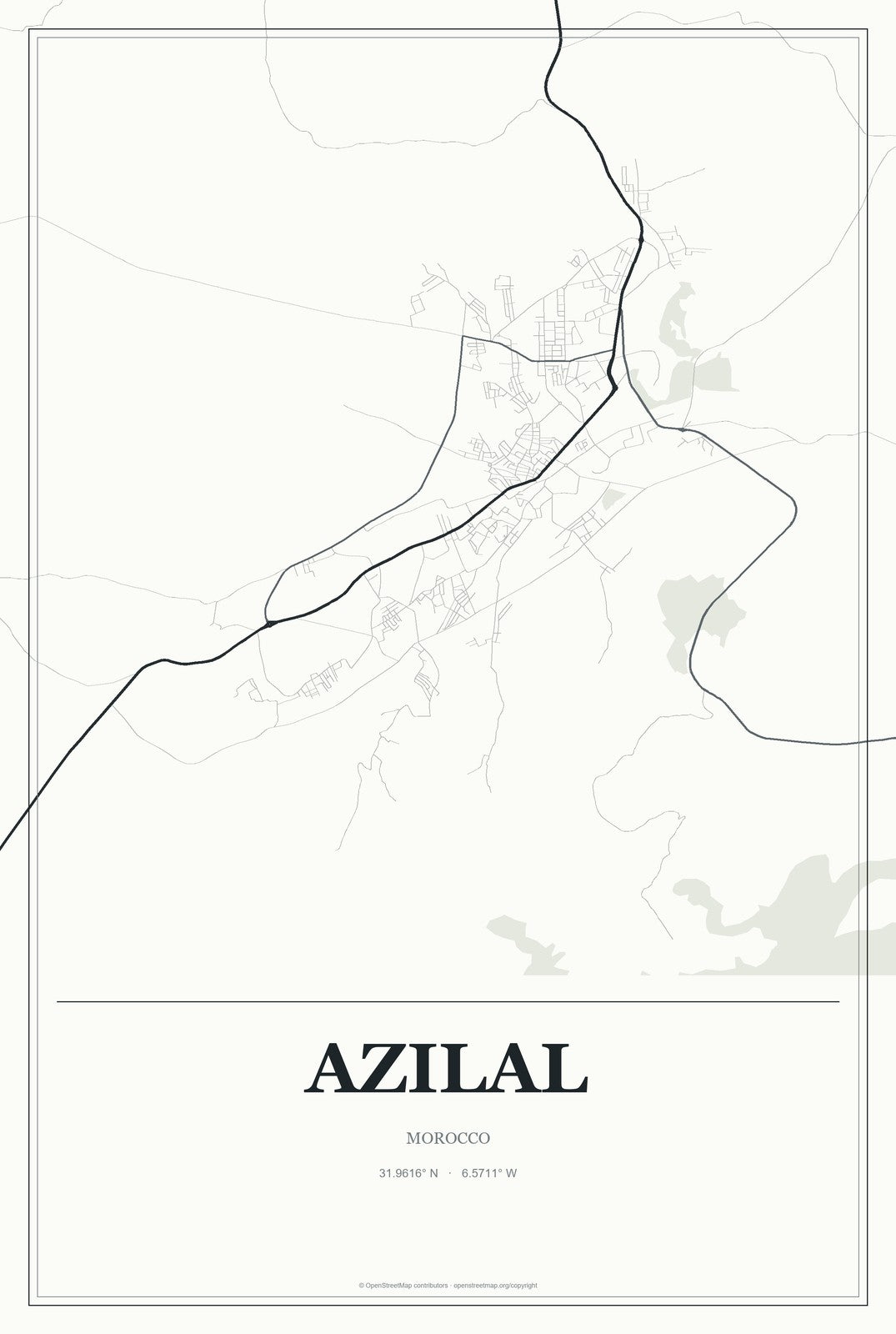 Azilal, Morocco City Map Aluminum Sign in Gallery Air style