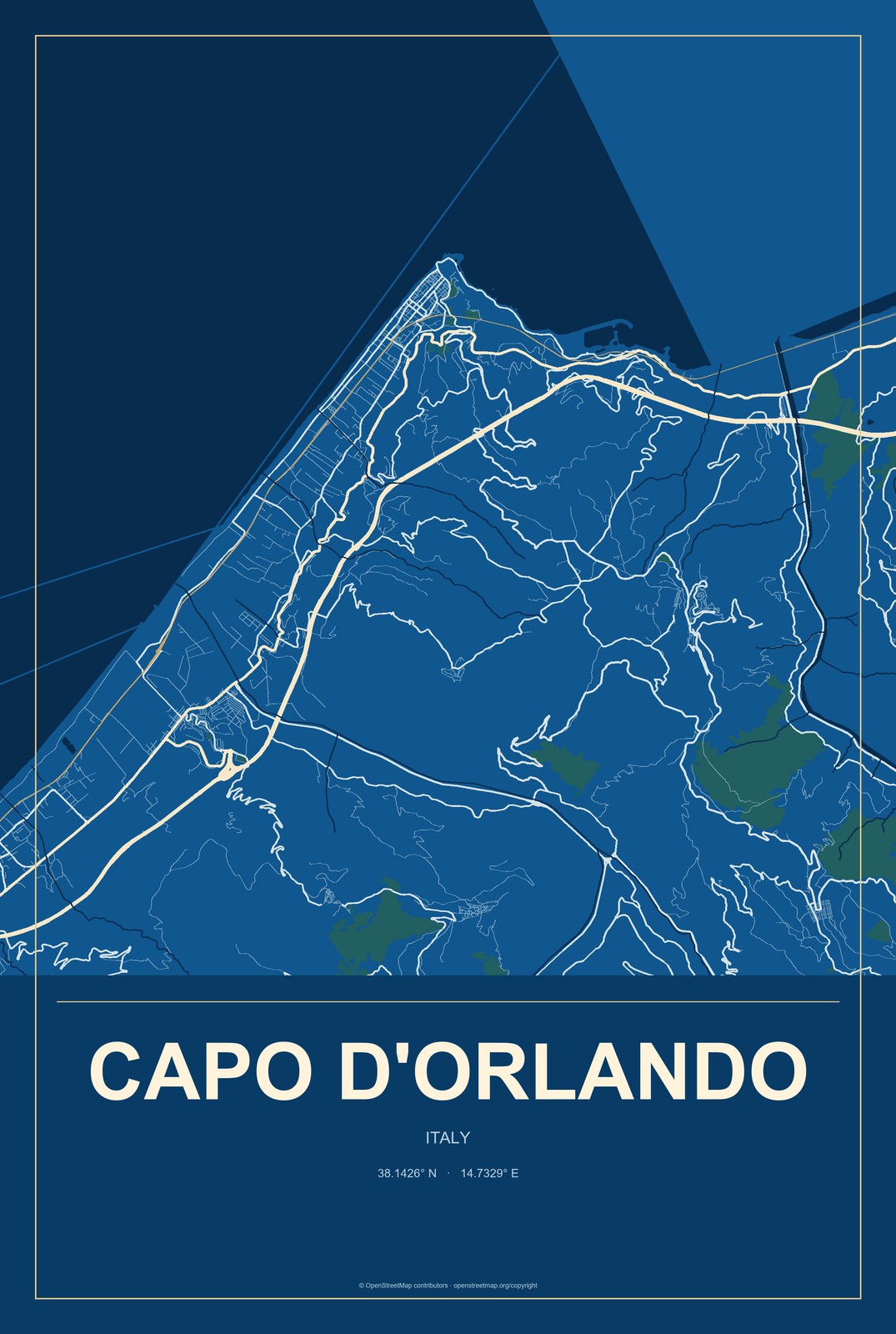 Capo d'Orlando, Italy City Map Aluminum Sign in Harbor Cobalt style