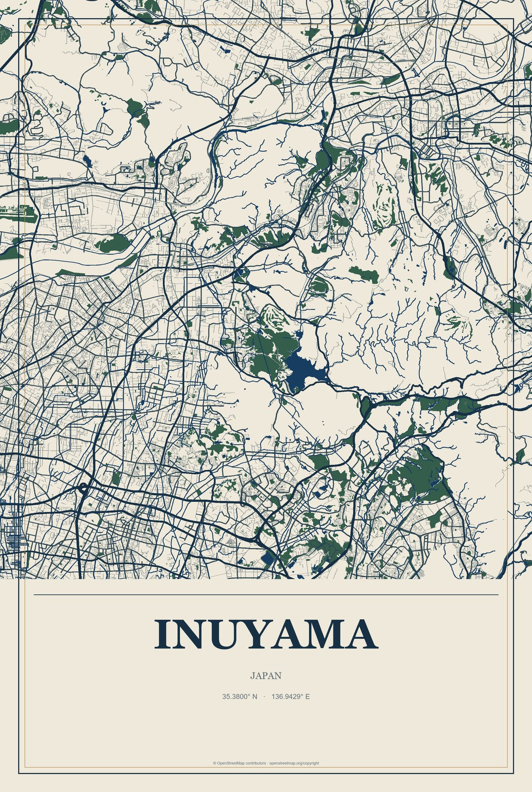 Inuyama, Japan City Map Aluminum Sign in Coastal Cutout style