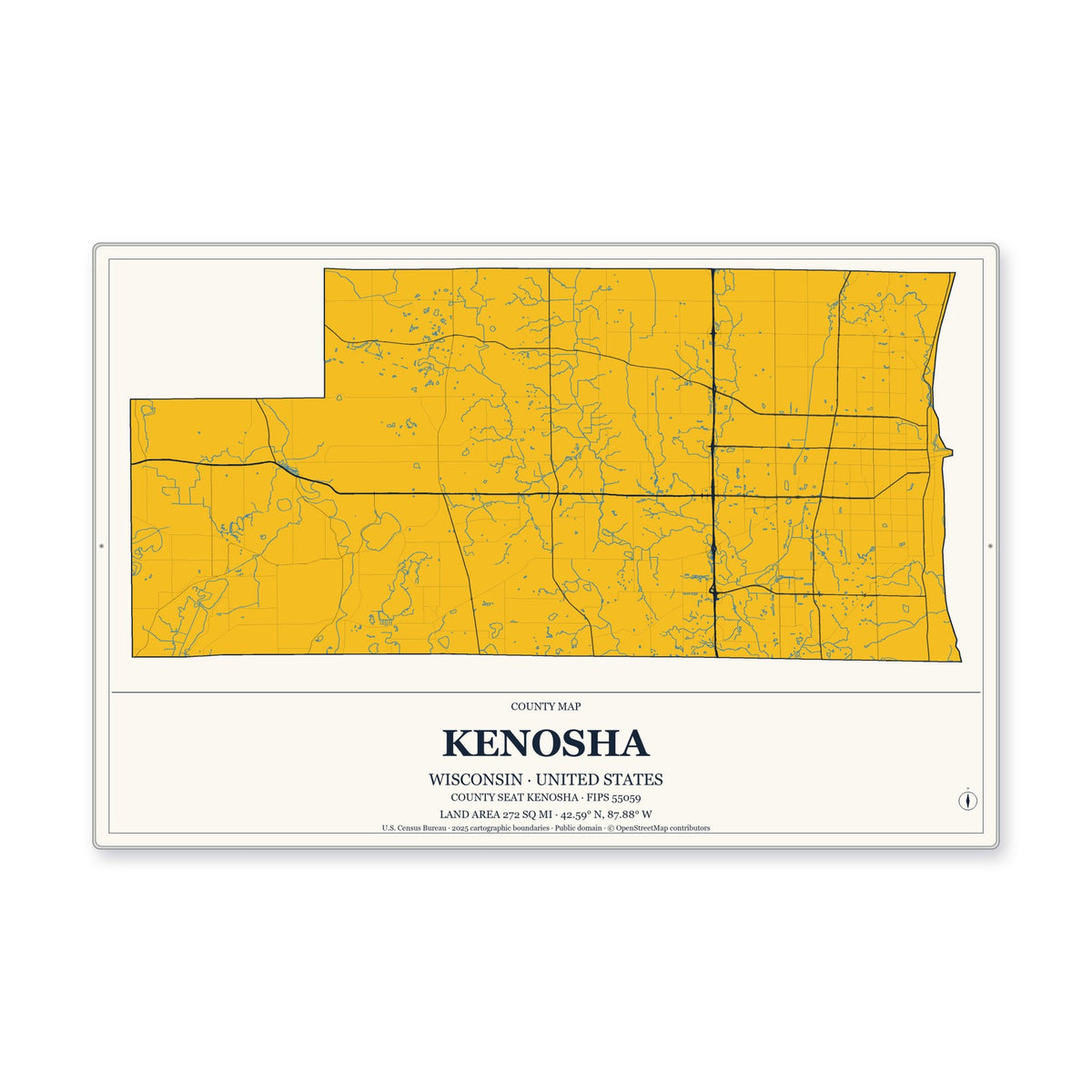 Kenosha County, Wisconsin Map Aluminum Sign in Citrine Modern style