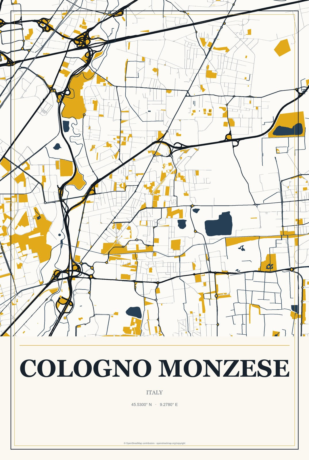 Cologno Monzese, Italy City Map Aluminum Sign in Citrine Modern style