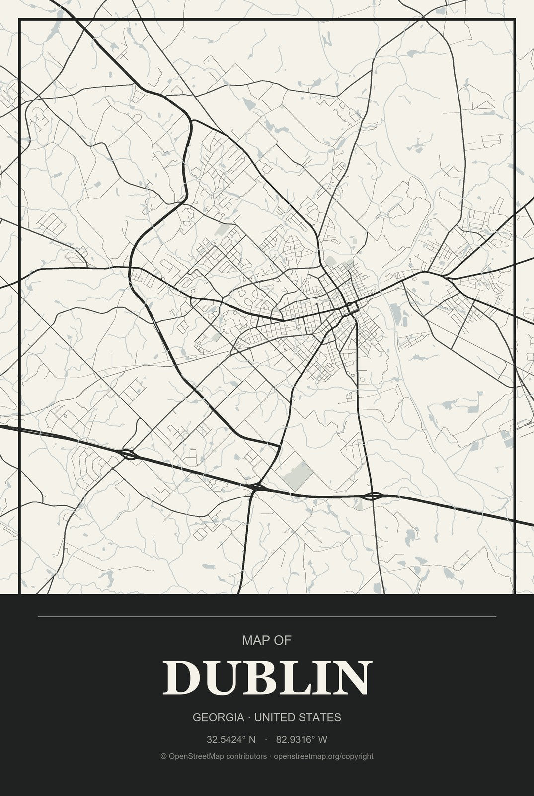Dublin, Georgia City Map Aluminum Sign in Museum Plaque style
