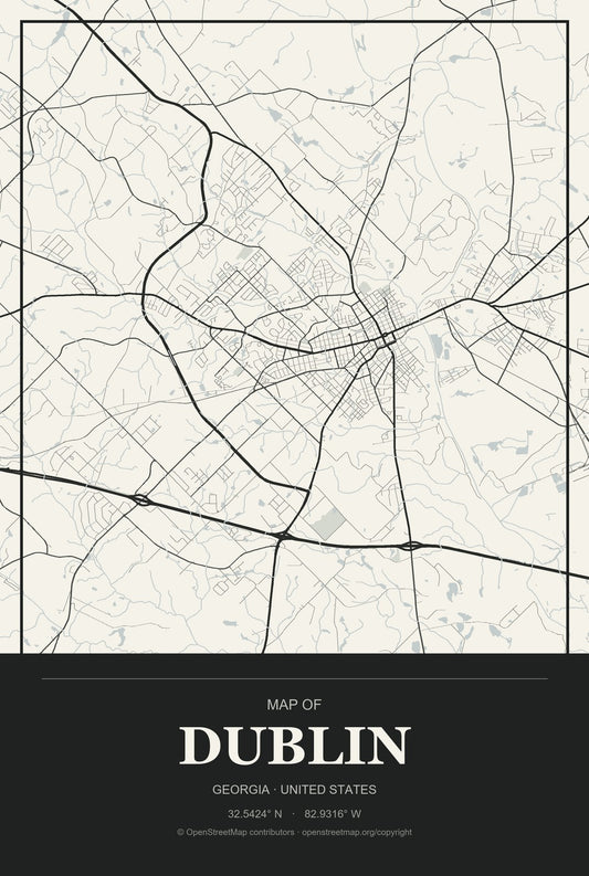 Dublin, Georgia City Map Aluminum Sign in Museum Plaque style