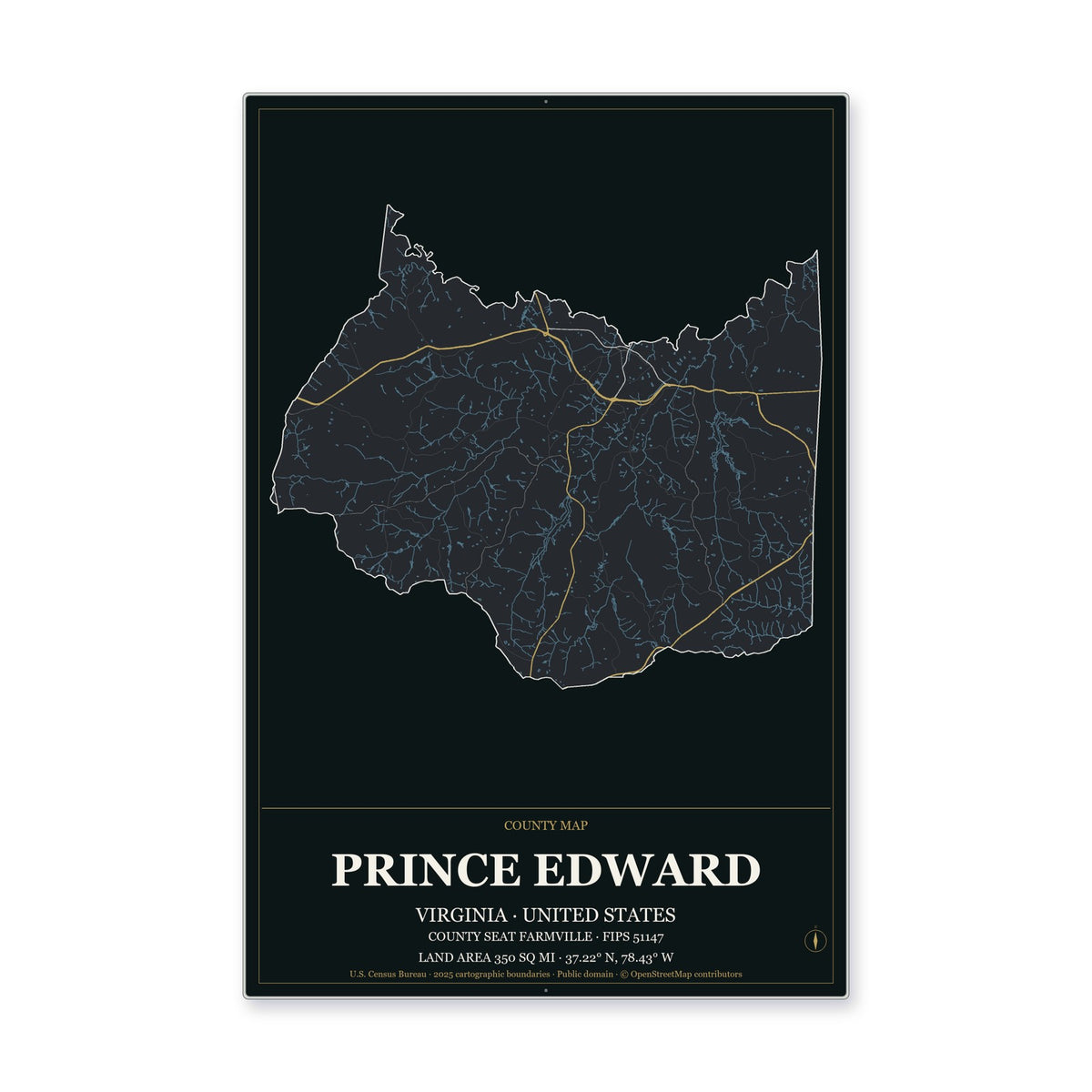 Prince Edward County, Virginia Map Aluminum Sign in Metropolitan Noir style