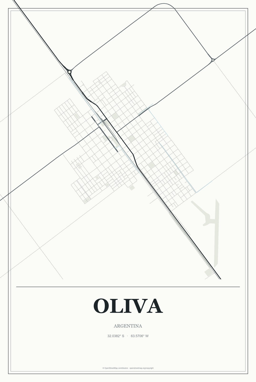 Oliva, Argentina City Map Aluminum Sign in Gallery Air style