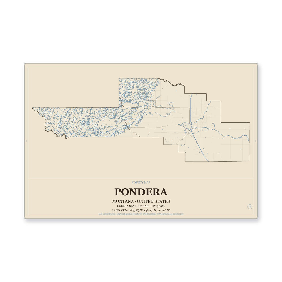Pondera County, Montana Map Aluminum Sign in Heritage Nautical style