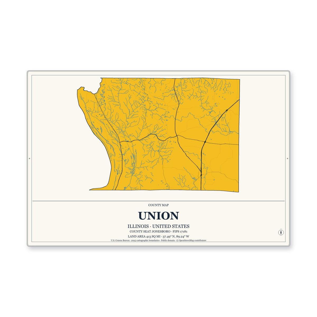 Union County, Illinois Map Aluminum Sign in Citrine Modern style