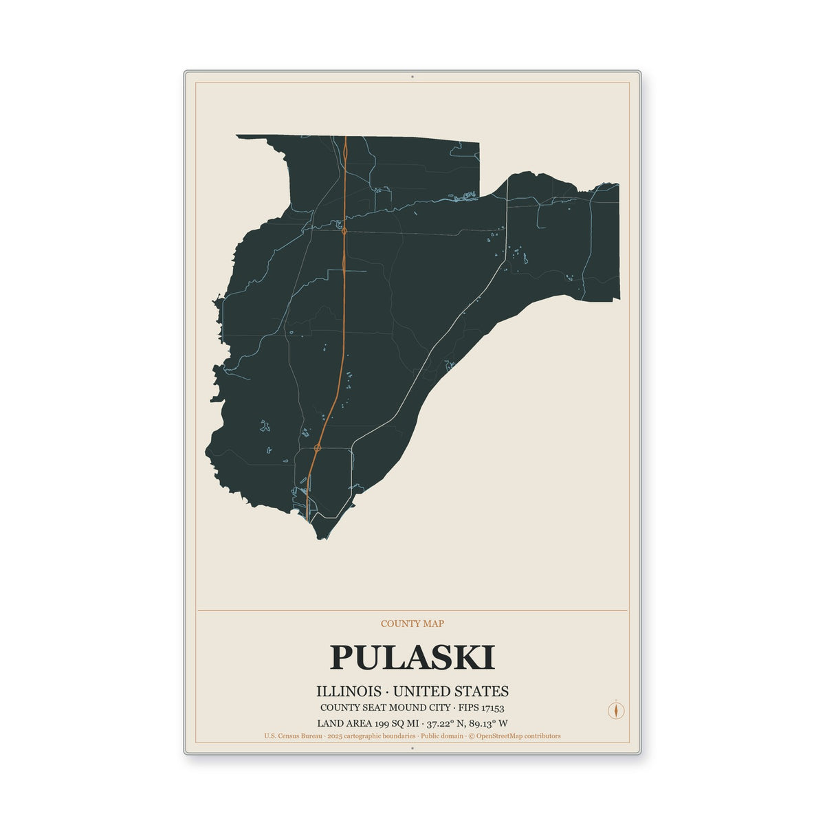 Pulaski County, Illinois Map Aluminum Sign in Headline Atlas style
