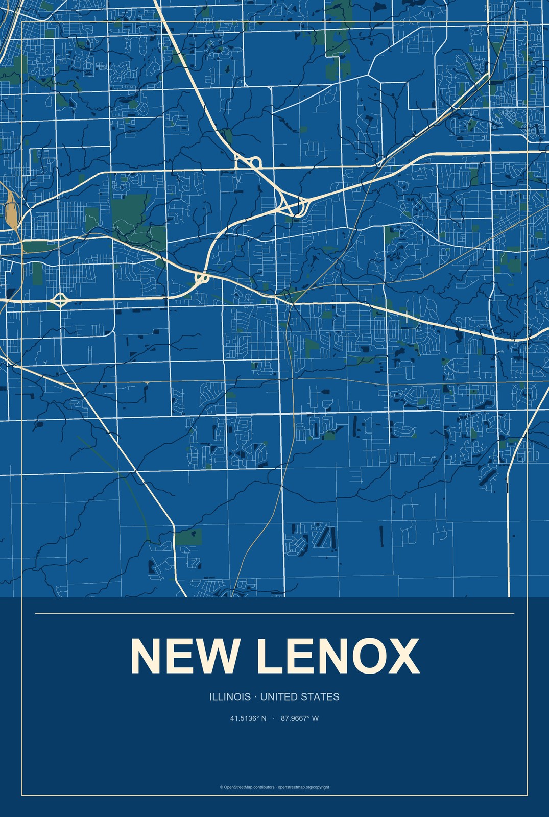 New Lenox, Illinois City Map Aluminum Sign in Harbor Cobalt style