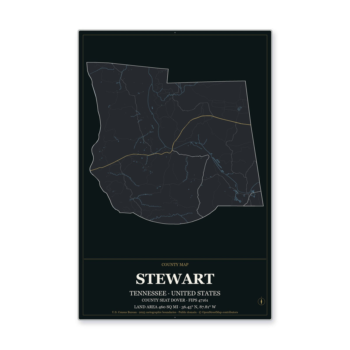 Stewart County, Tennessee Map Aluminum Sign in Metropolitan Noir style