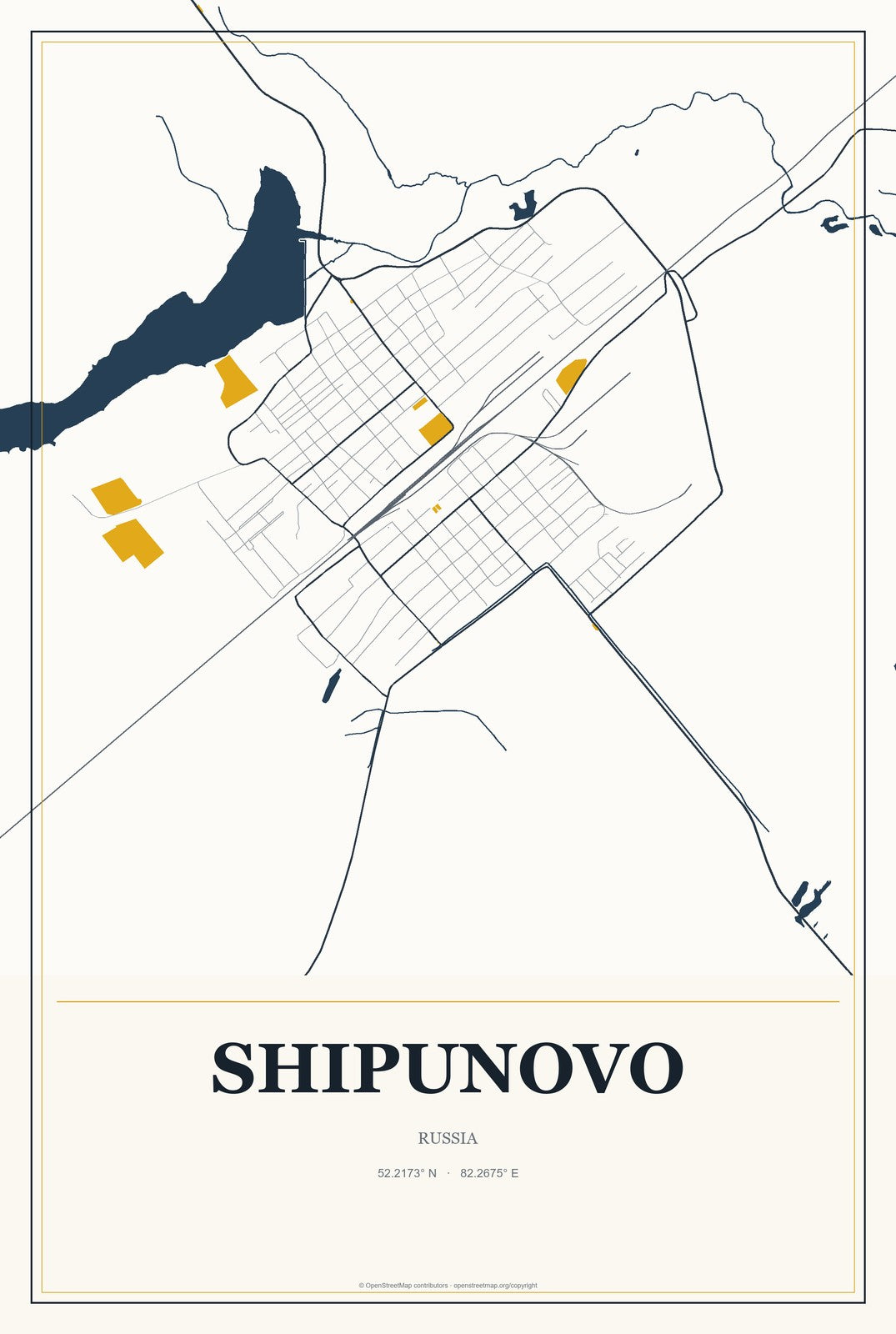 Shipunovo, Russia City Map Aluminum Sign in Citrine Modern style