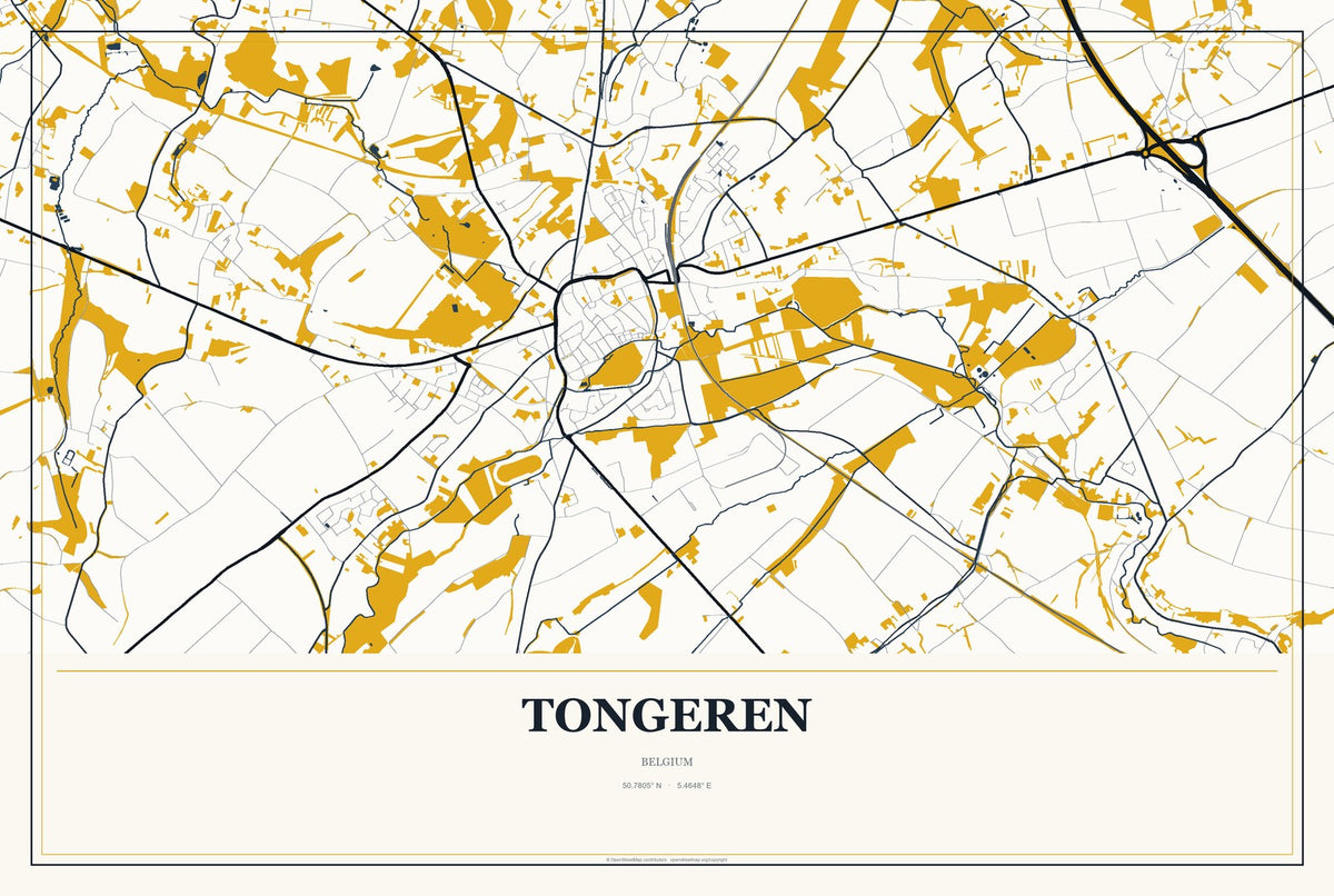 Tongeren, Belgium City Map Aluminum Sign in Citrine Modern style