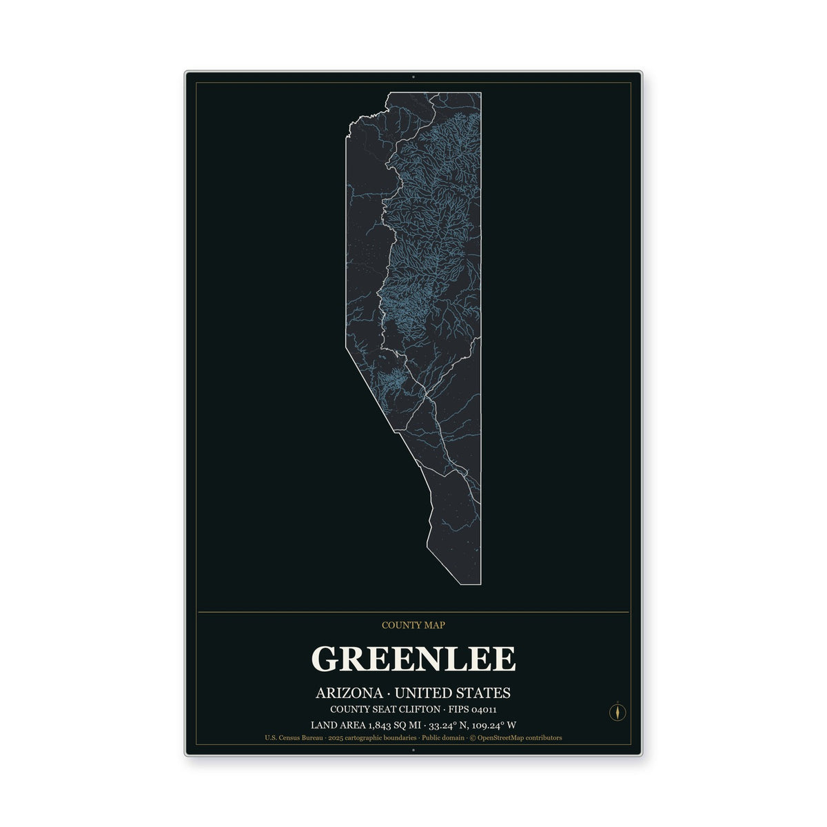Greenlee County, Arizona Map Aluminum Sign in Metropolitan Noir style