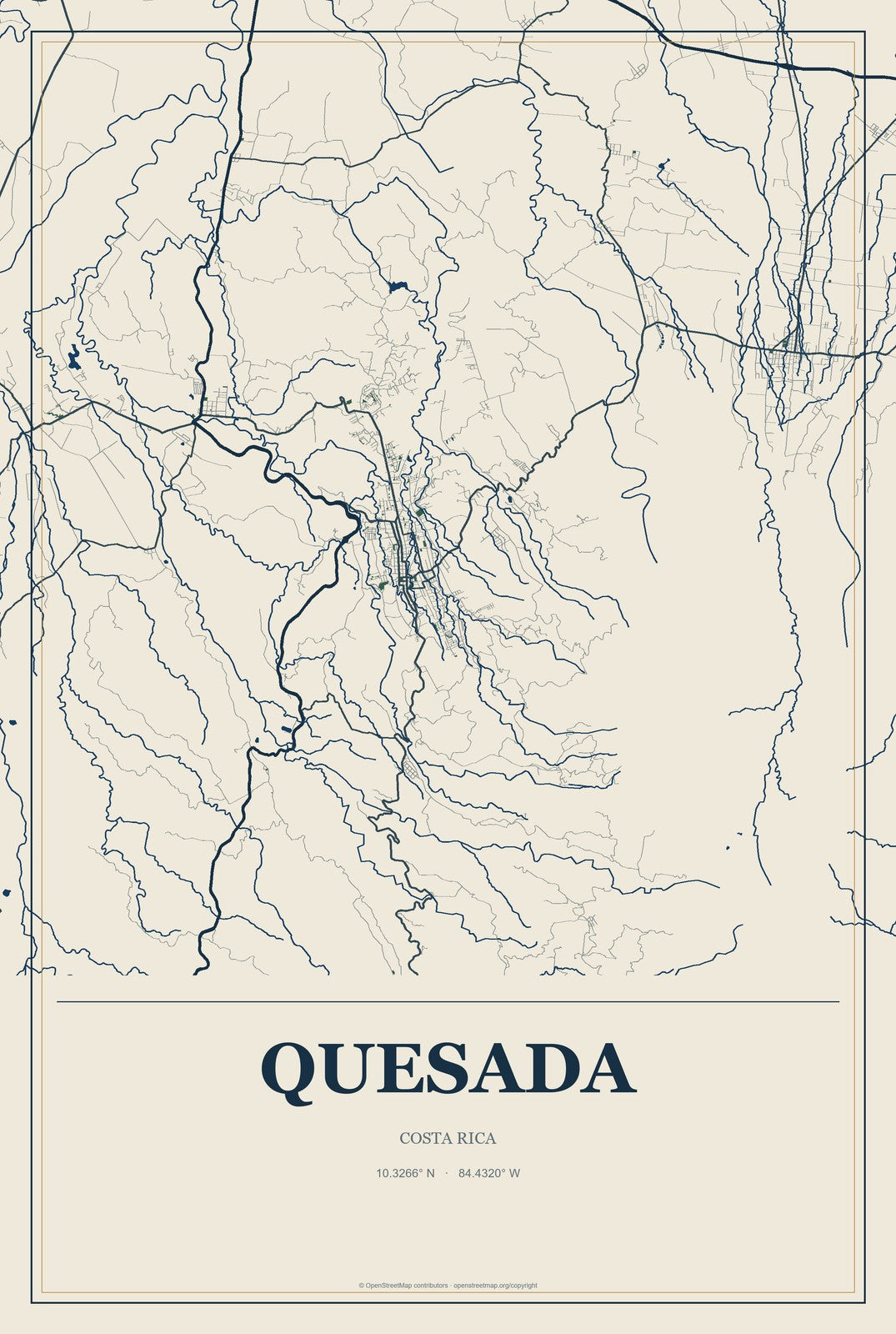 Quesada, Costa Rica City Map Aluminum Sign in Coastal Cutout style