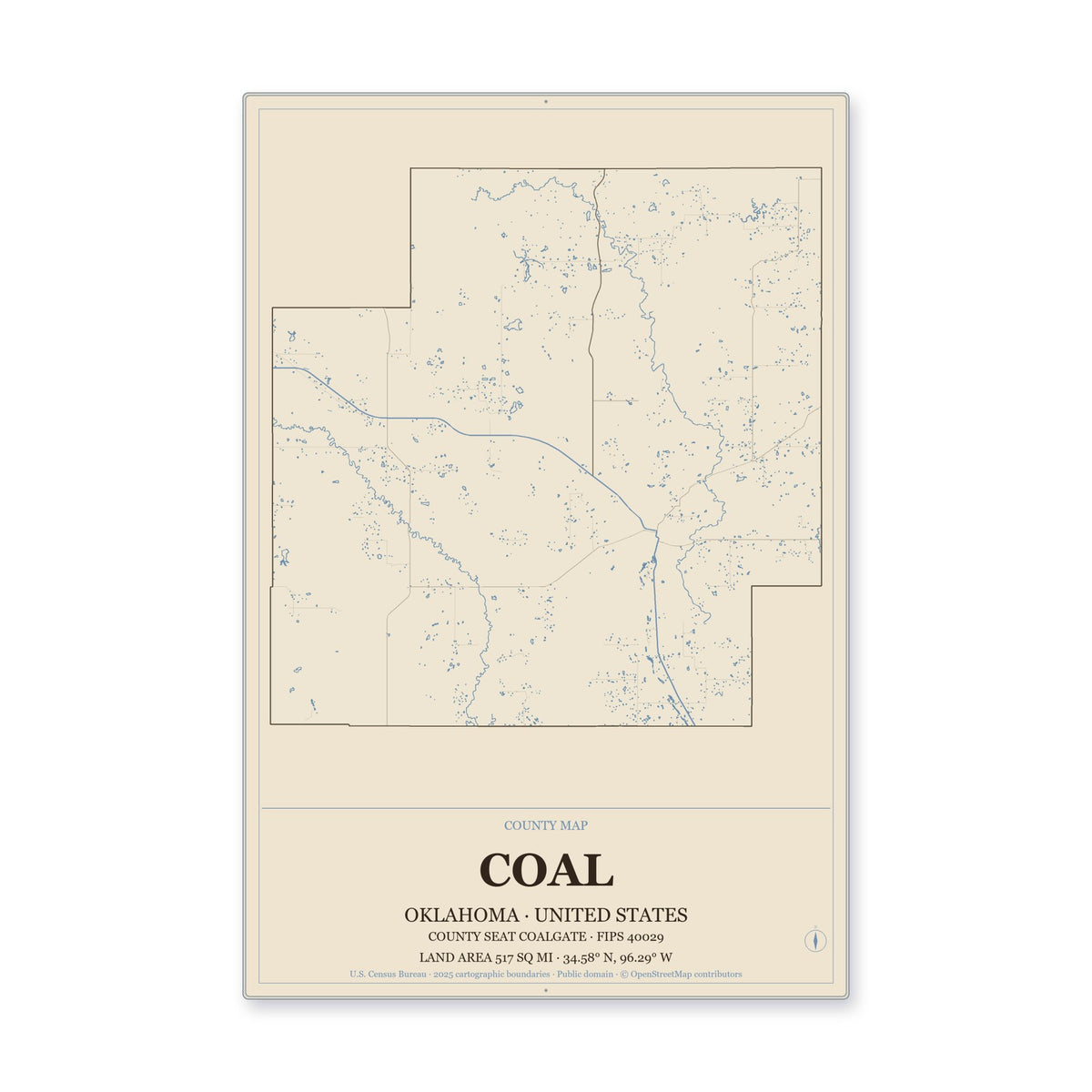 Coal County, Oklahoma Map Aluminum Sign in Heritage Nautical style