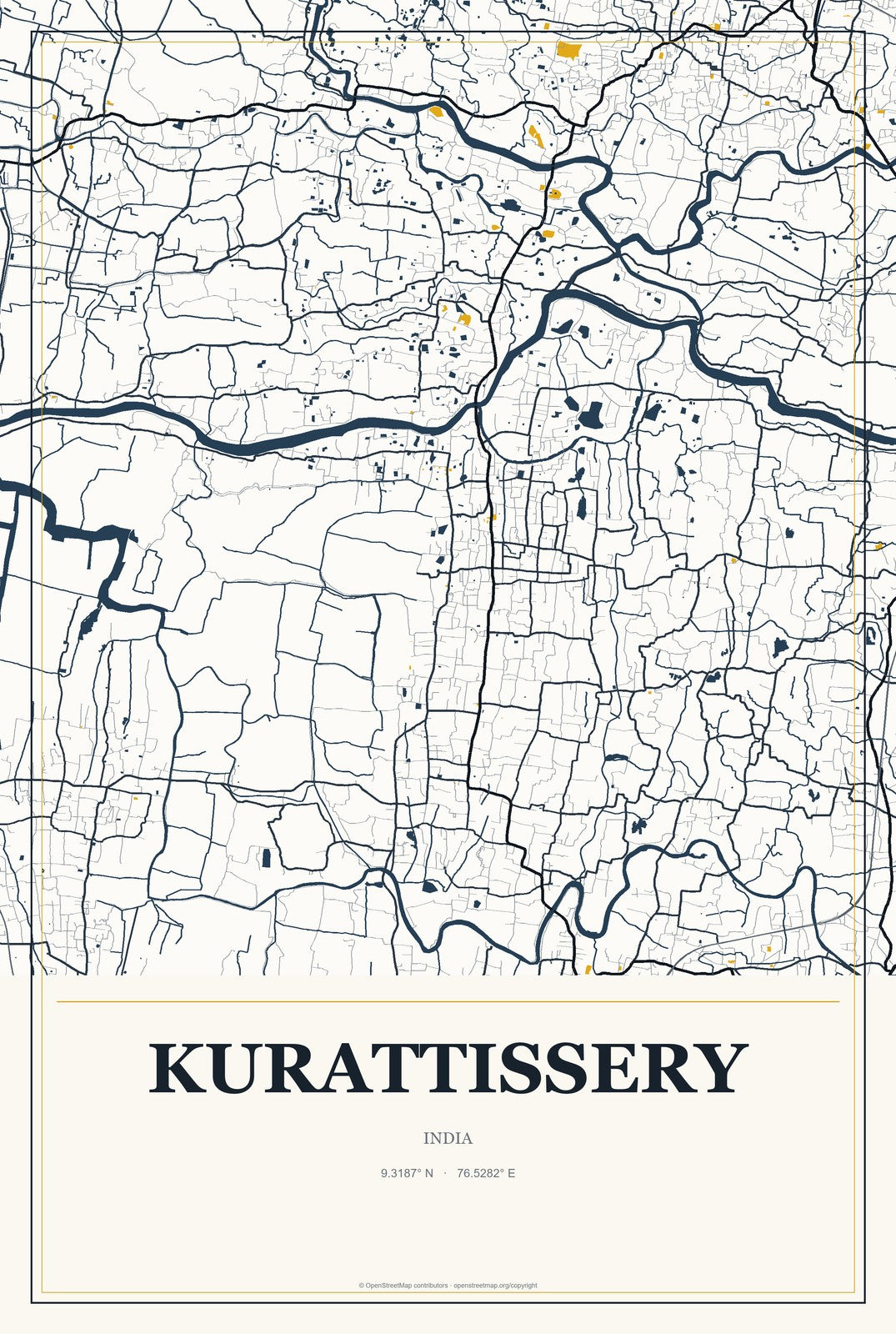 Kurattissery, India City Map Aluminum Sign in Citrine Modern style