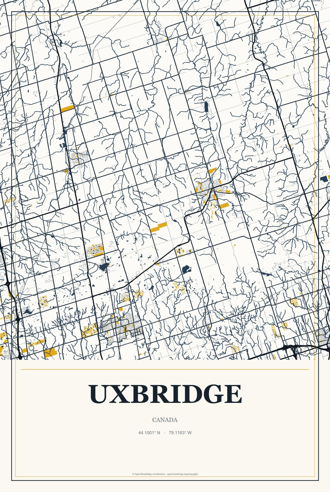 Uxbridge, Canada City Map Aluminum Sign in Citrine Modern style