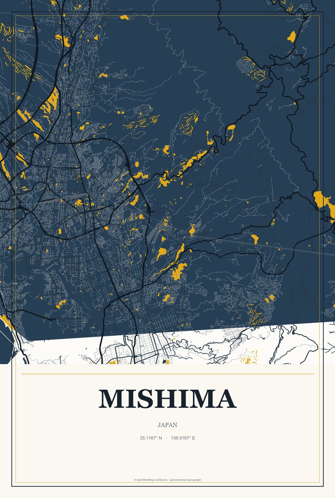 Mishima, Japan City Map Aluminum Sign in Citrine Modern style